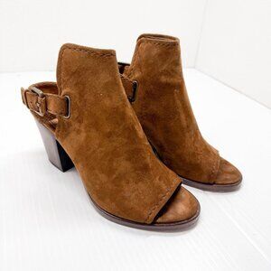 Frye Dani Shield Sling Wood Suede Open Toe Block Heel Booties 6M